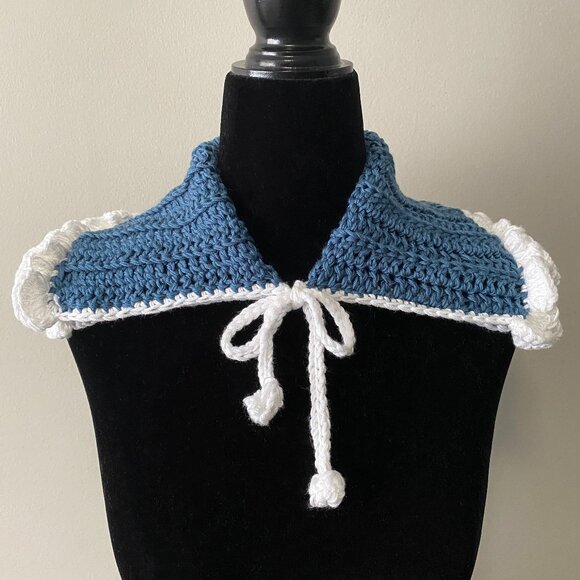 Handmade Crochet Blue White Winter Double Folded Collar Neckwear Accessory - Picture 1 of 6